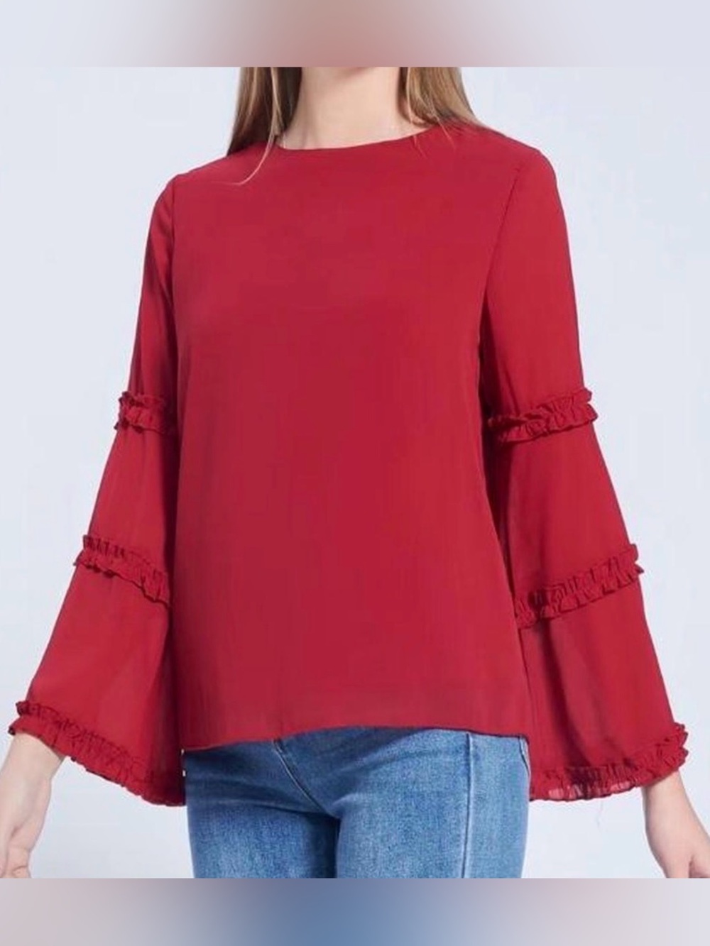 Women’s Ruffle-Trim Bell Sleeve Blouse in Plum